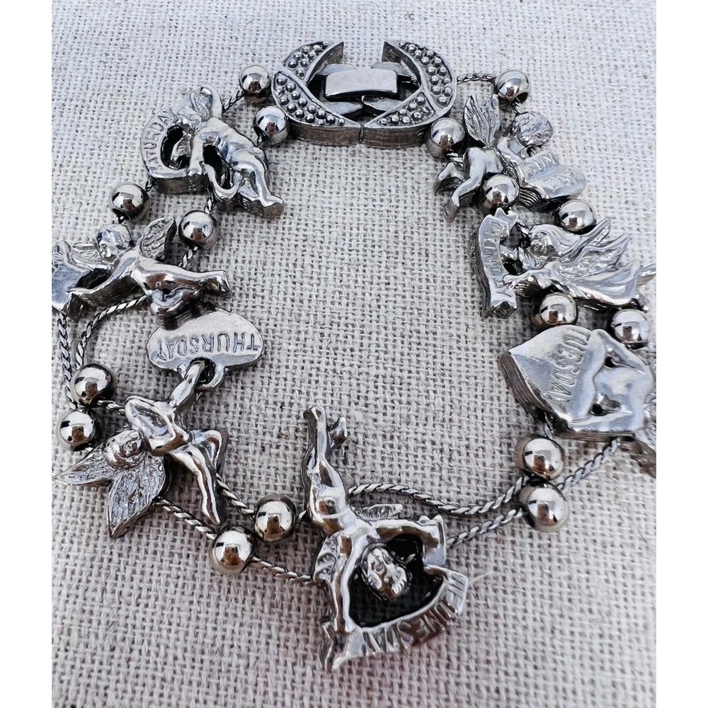 Vintage Silver Tone Days of the Week Cherub Angel Celestial Heart Charm Bracelet - Picture 5 of 11